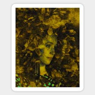 Beautiful girl, near the flowers. Calm, gold colors. Reminds autumn and evening. Beautiful. Sticker